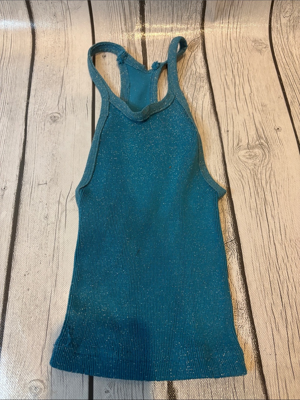 FP Movement by Free People Teal Shimmer Racerback Tank ribbed Happiness Runs
